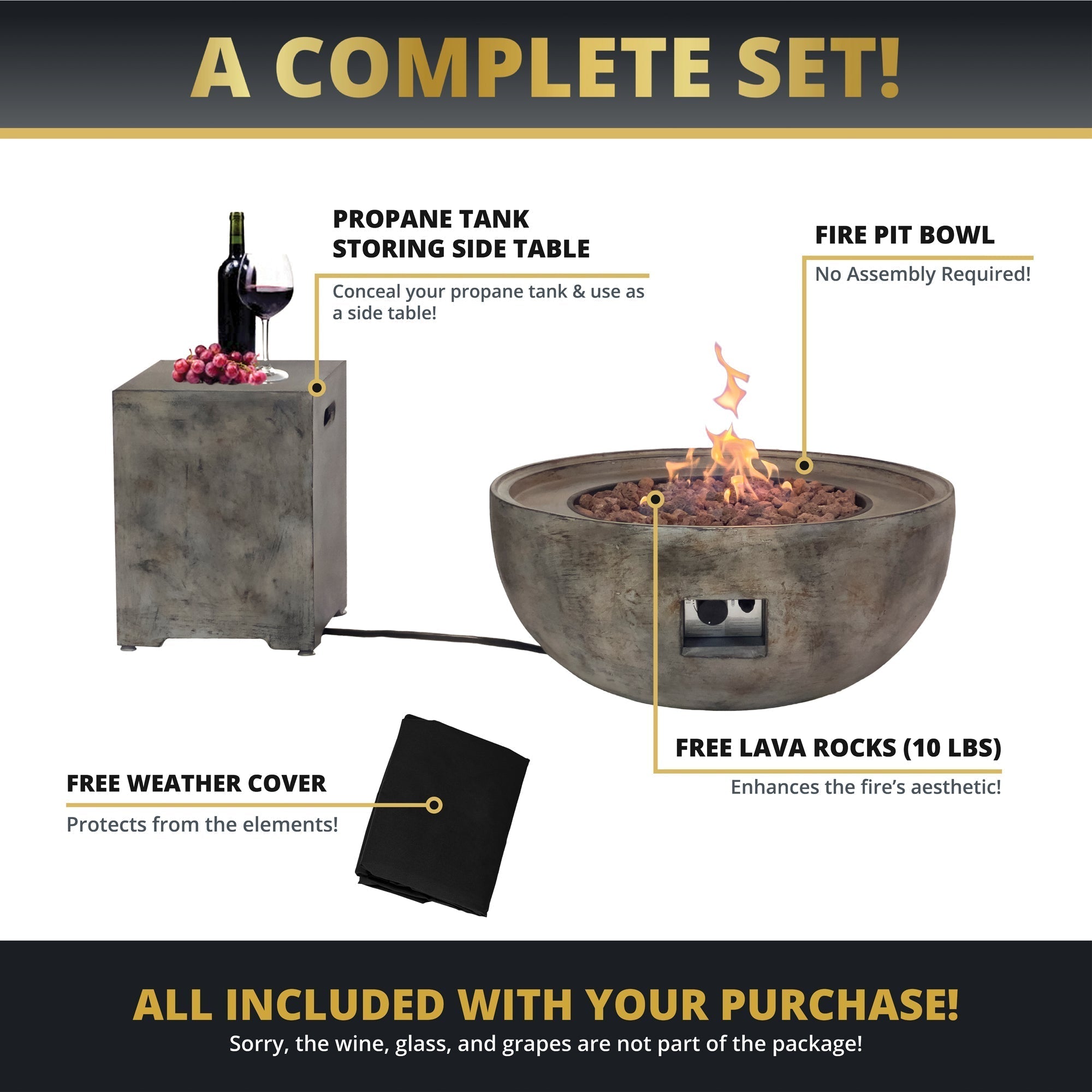Stonebridge 31-Inch Concrete Fire Pit Bowl & Side Table Set