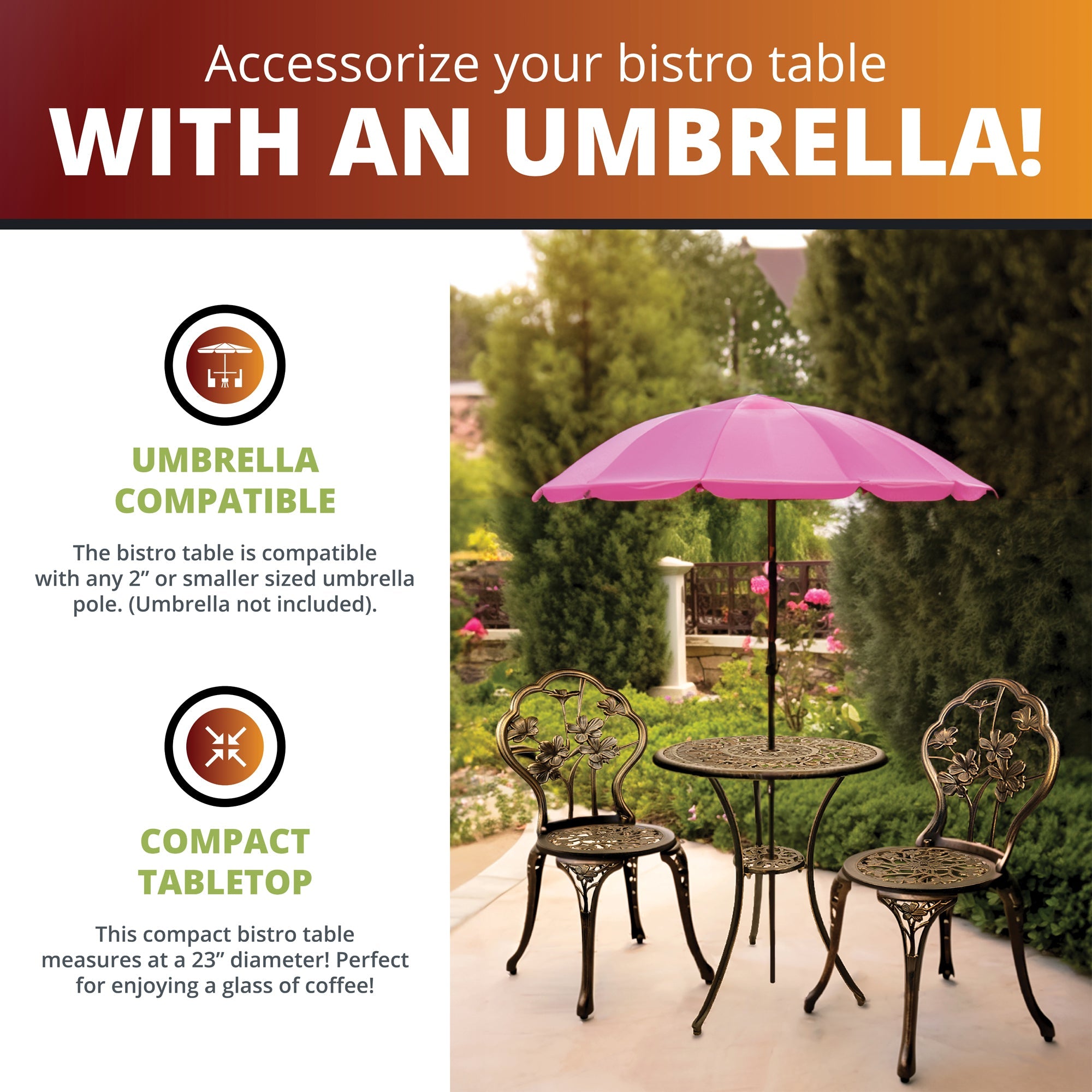 Hibiscus 3-Piece Outdoor Bistro Set for Patio, Antique Bronze